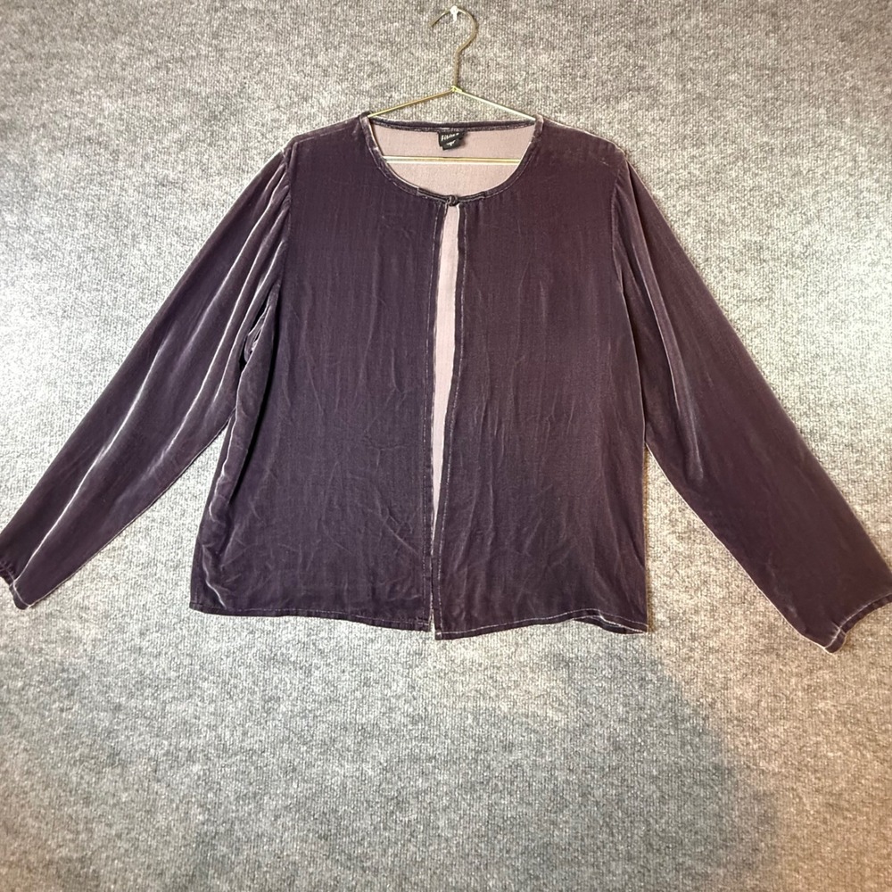 Eileen Fisher Purple Silk Blend Velvet Open Front Cardigan Hook Eye Small